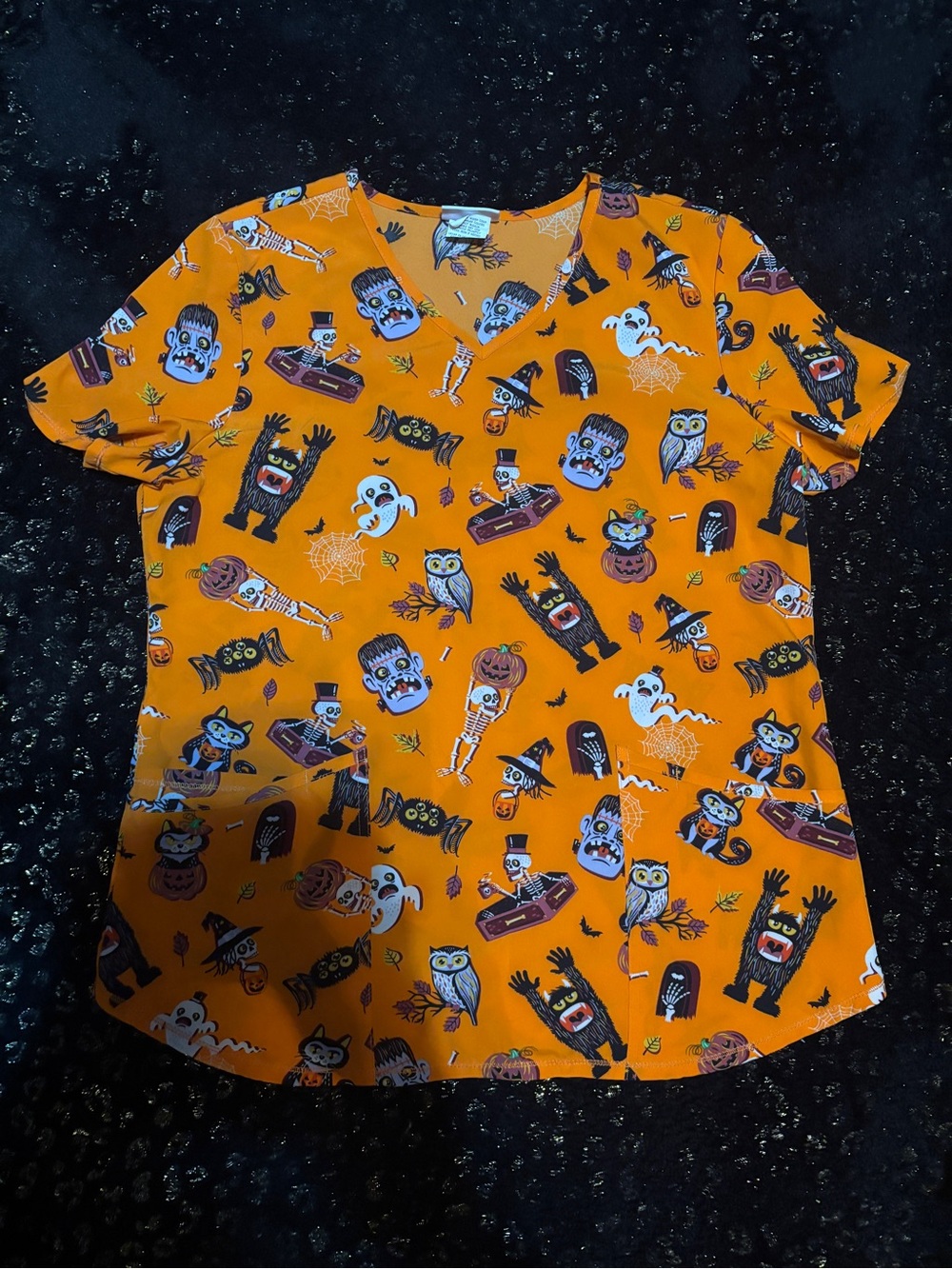 Halloween Skeleton Monsters Print Scrub Top - Orange